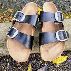 Black Double Strap Sandals with Silver Buckles